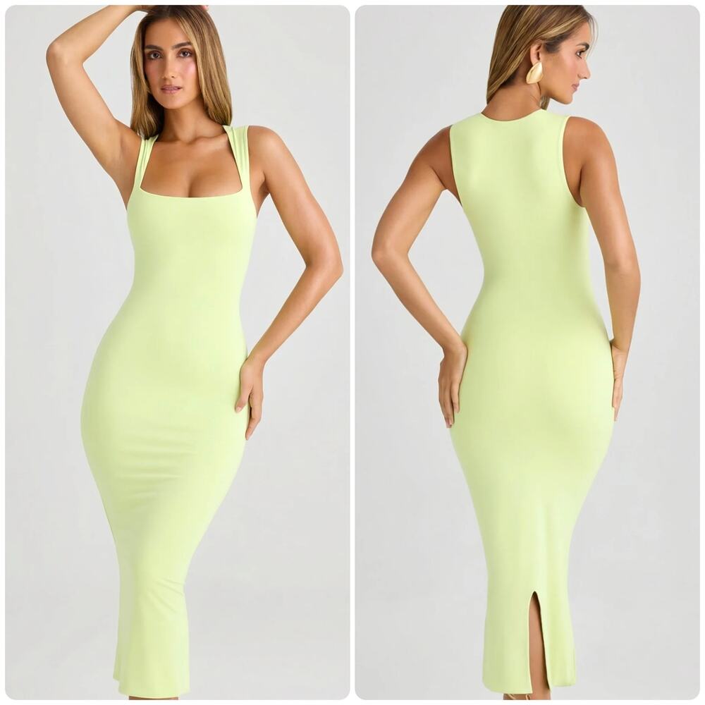 Oh Polly Ainslee Modal Square-Neck Bodycon Midi Dress in Matcha Green Size M